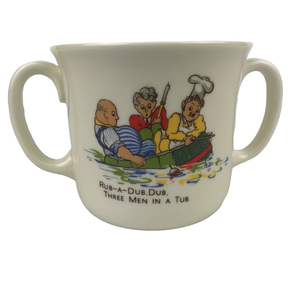 Vintage English Decorated Bone China Mug Two Handle Nursery Rhyme Rub-A-Dub Dub